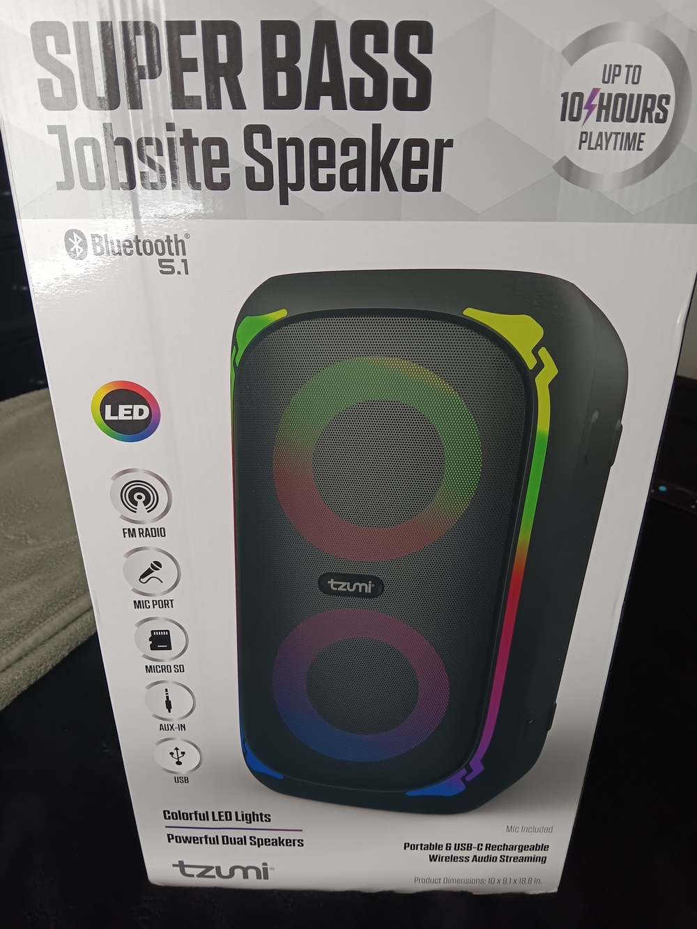 Tzumi Super Bass Portable Bluetooth Speaker - Black with RGB LED
